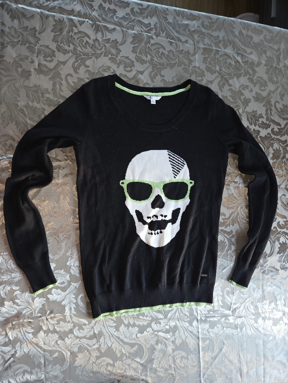 Volcom Black Skull Sweater with Lime Accents
